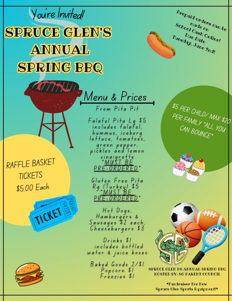 spring BBQ flyer
inflatables
BBQ food
Baked goods
tasty treats
raffle baskets
silent auction
fun games
book fair